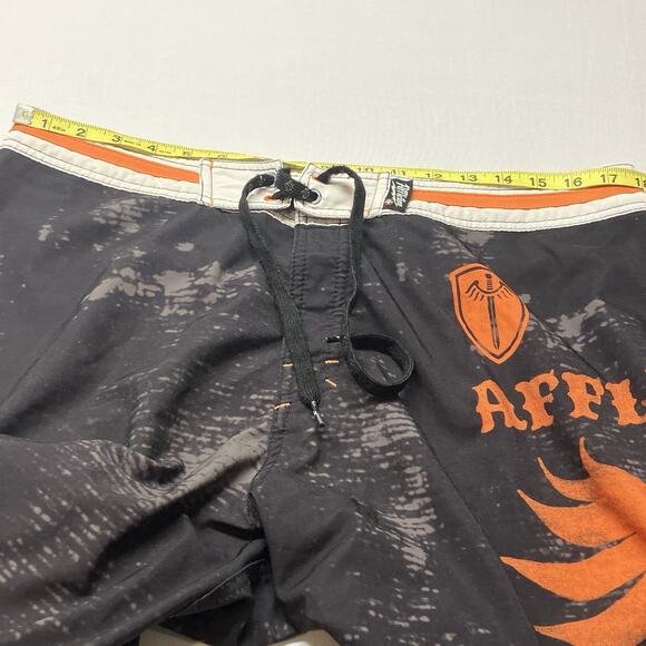 Affliction Board Shorts Black Orange Distressed Patches Swim Trunks Size 36 - Picture 11 of 16